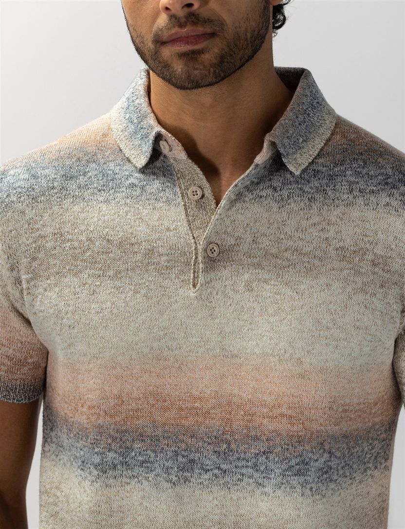 Beige poloshirt State of Art Regular Fit streep gebreid