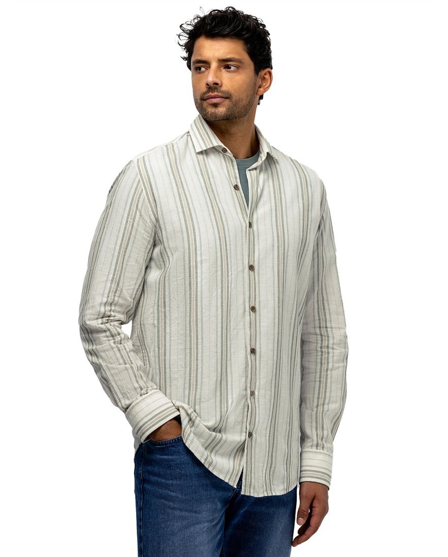 Crème overhemd State of Art gestreept wijde fit