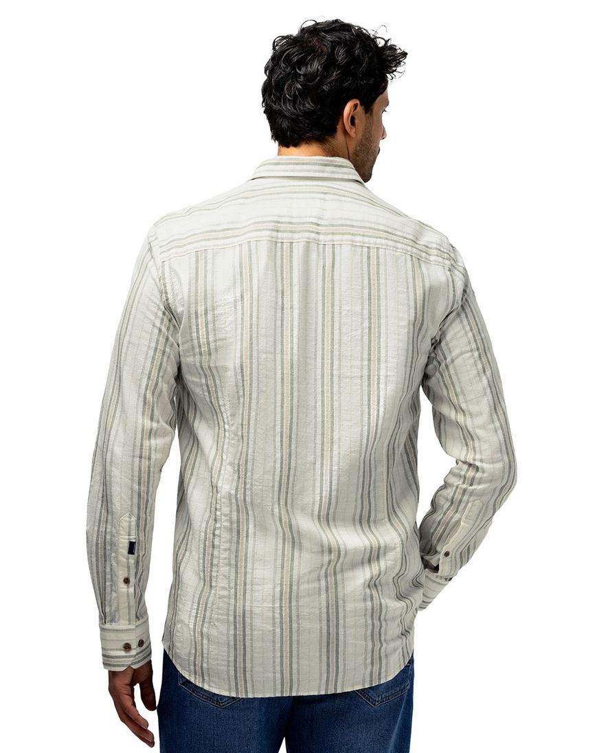 Crème overhemd State of Art gestreept wijde fit