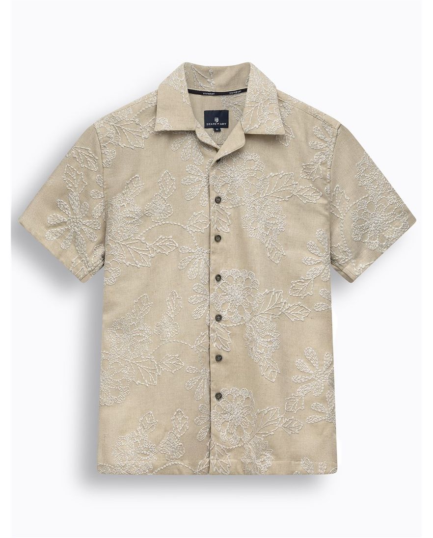 Beige overhemd State of Art geprint wijde fit