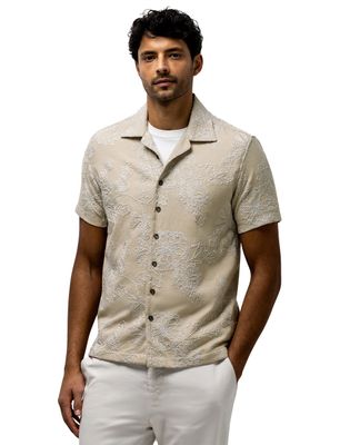 State of Art Overhemd State of Art beige geborduurde bloemen wijde fit