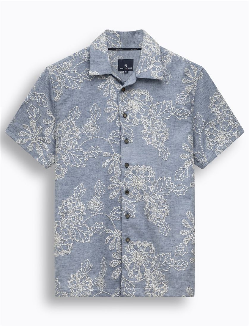 Overhemd State of Art blauw geborduurde bloemen
