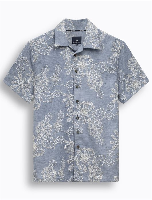 State of Art overhemd blauw bloemen geborduurd