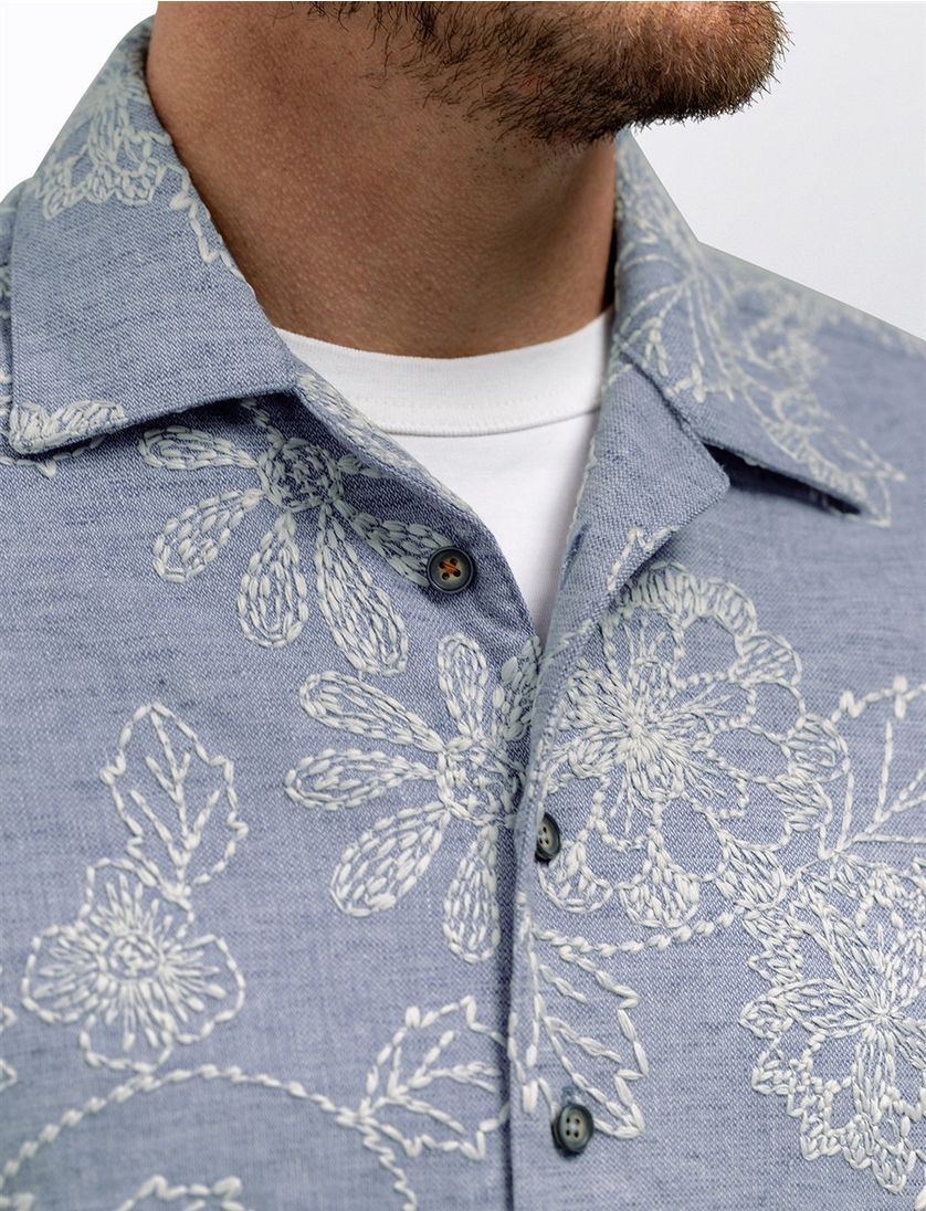 Overhemd State of Art blauw geborduurde bloemen