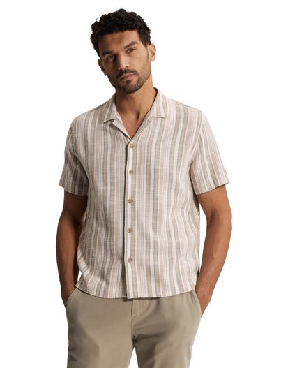 Cast Iron Beige gestreept korte mouw overhemd Cast Iron reverskraag