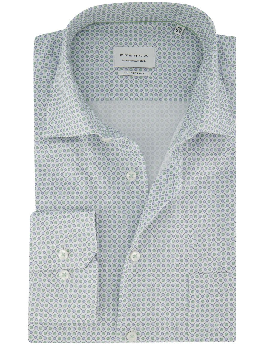 Strijkvrij overhemd groen geprint met borstzak mouwlengte 7