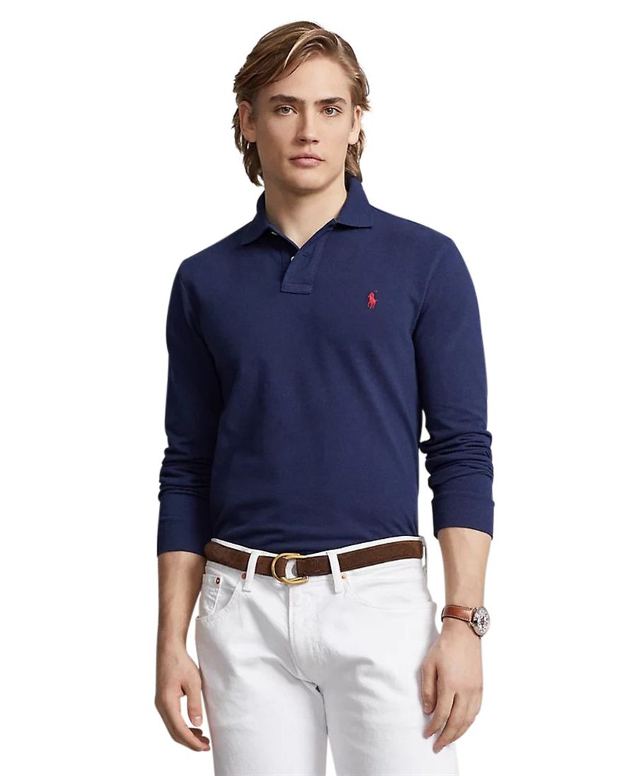Polo Ralph Lauren polo lange mouw slim fit donkerblauw effen katoen