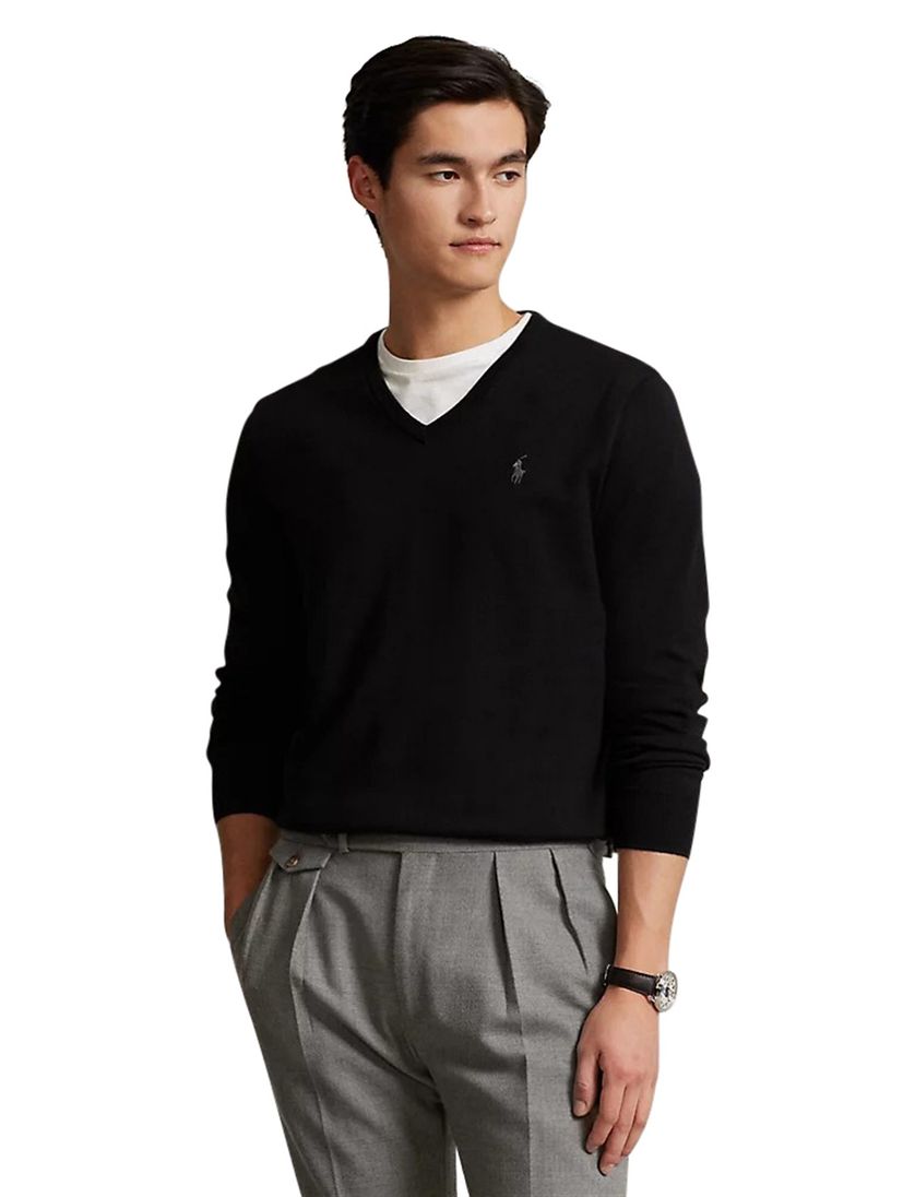 Ralph Lauren trui Slim Fit zwart v-hals katoen