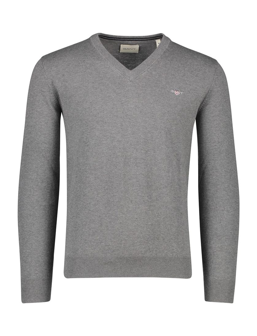 Katoenen Gant sweater v-hals effen grijs