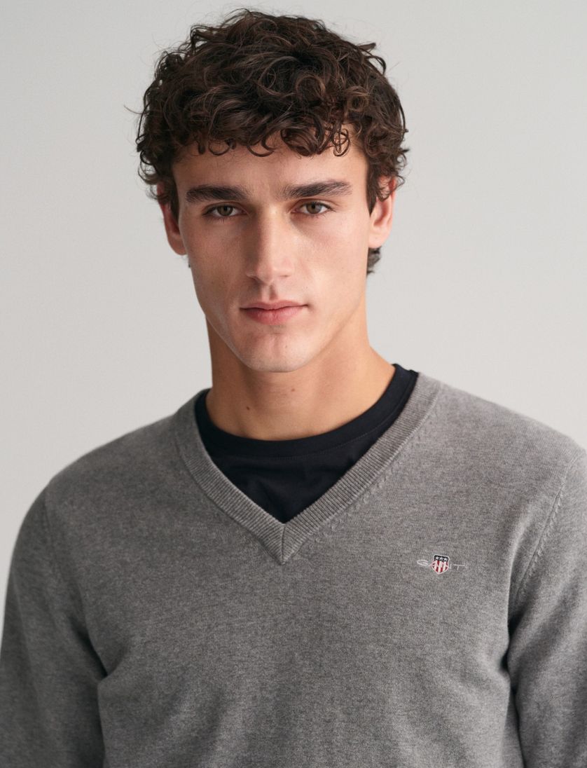 Katoenen Gant sweater v-hals effen grijs