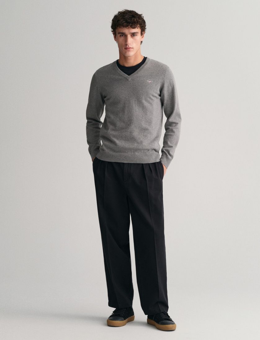 Katoenen Gant sweater v-hals effen grijs