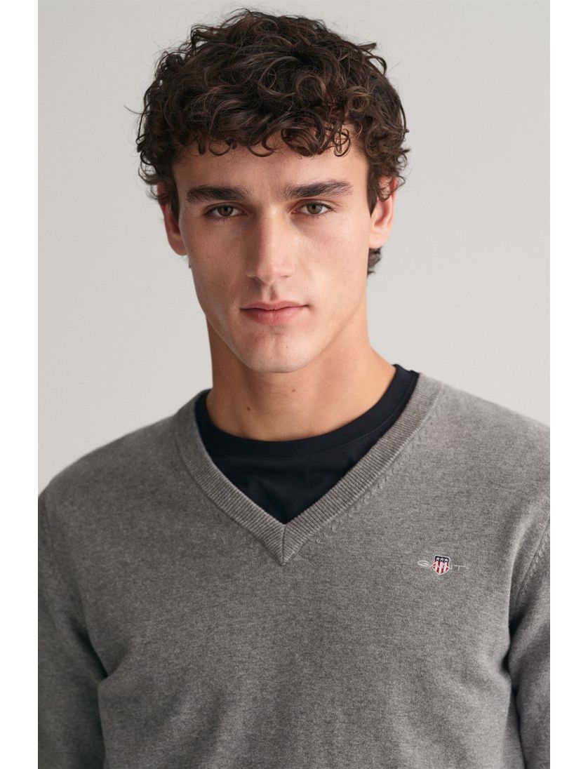 Katoenen Gant sweater v-hals effen grijs