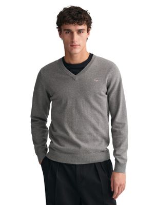 Gant Gant sweater v-hals effen grijs katoen normale fit
