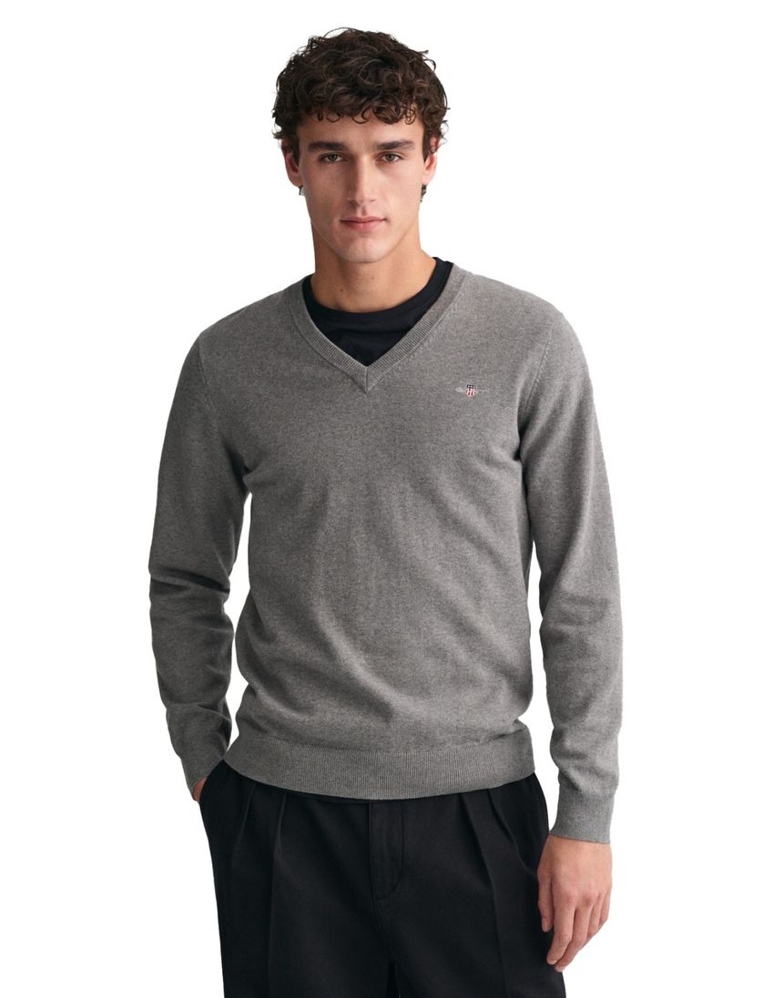 Katoenen Gant sweater v-hals effen grijs