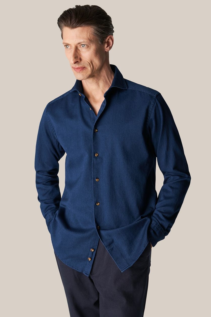 Zakelijk Eton overhemd donkerblauw uni katoen slim fit