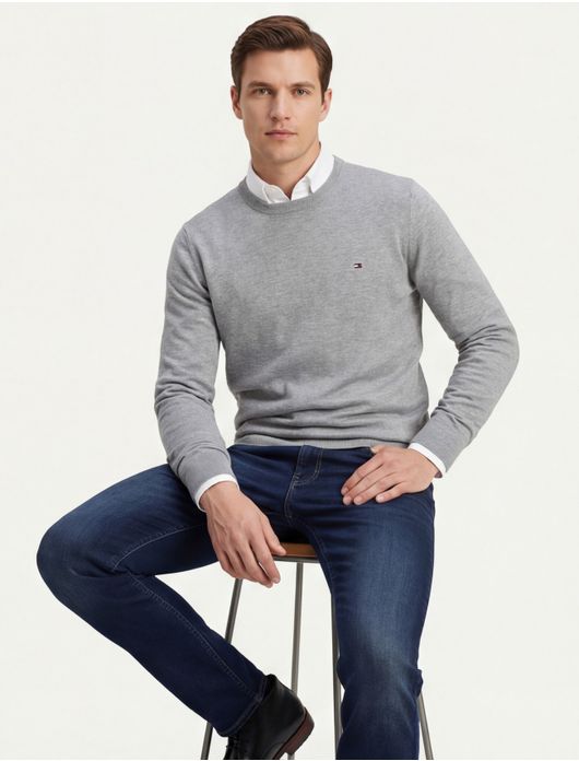 Tommy Hilfiger trui ronde hals grijs effen katoen