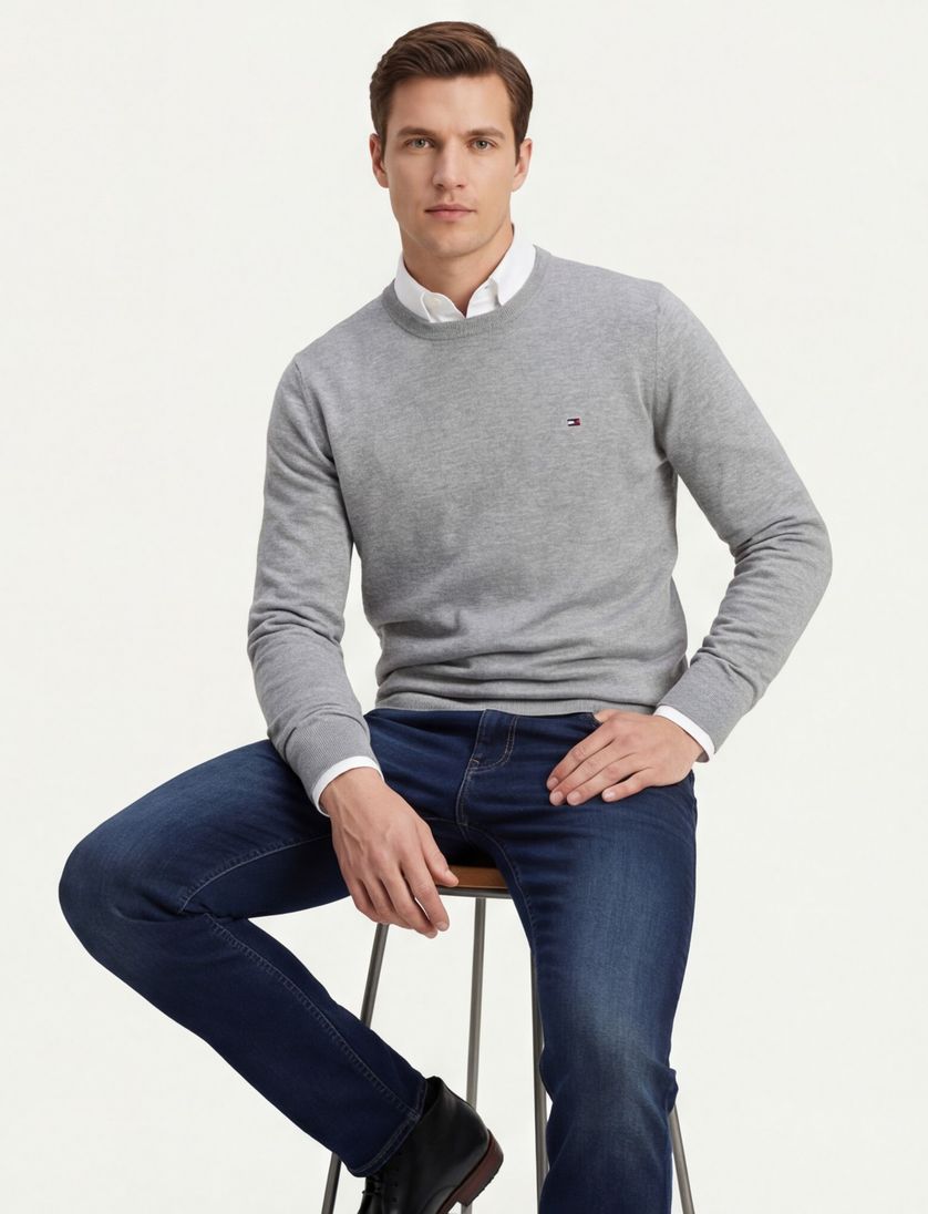 Tommy Hilfiger trui ronde hals grijs effen katoen