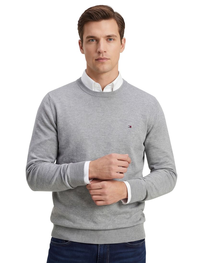 Tommy Hilfiger trui ronde hals grijs effen katoen