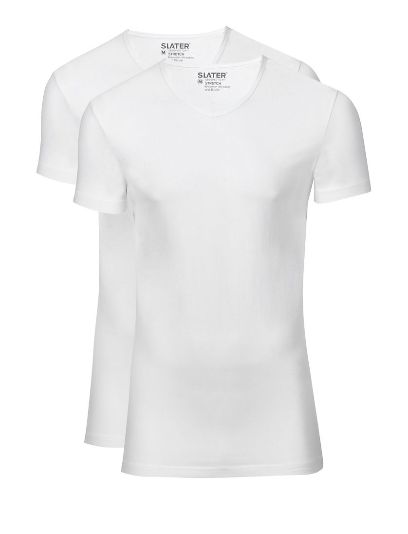 Slater t-shirt effen katoen wit v-hals stretch 2-pack