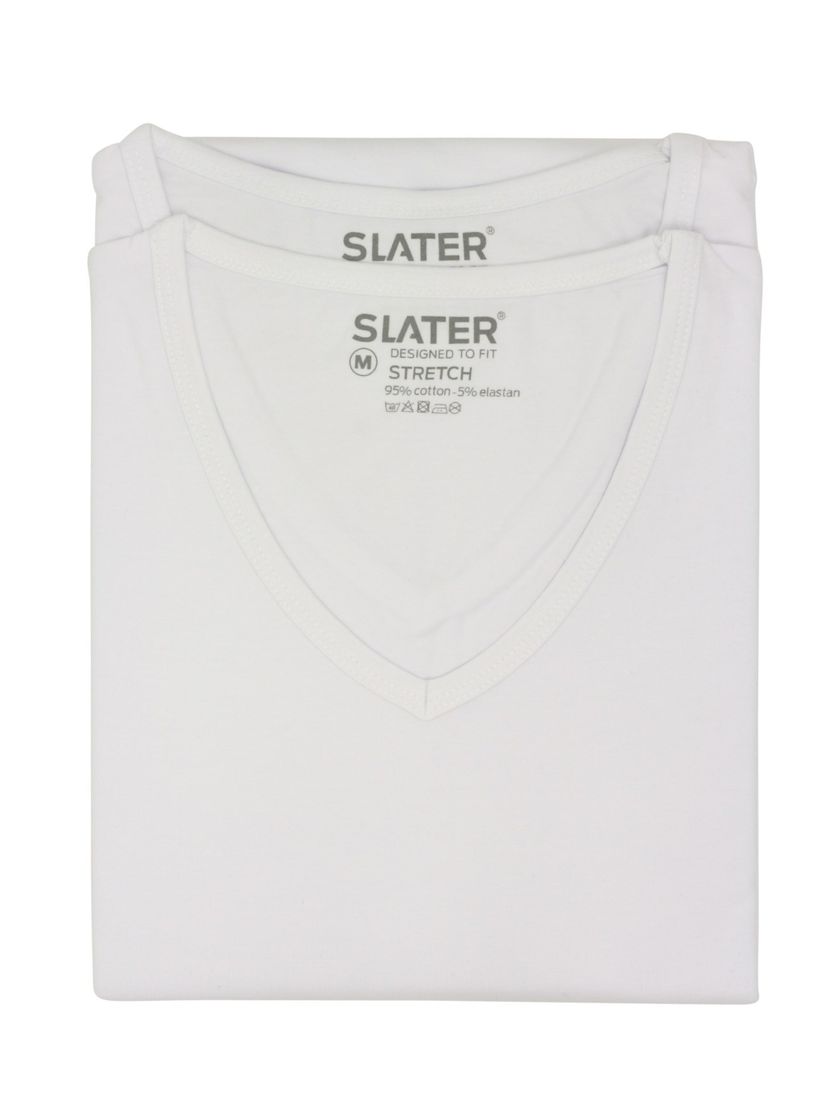 Slater t-shirt effen katoen wit v-hals stretch 2-pack