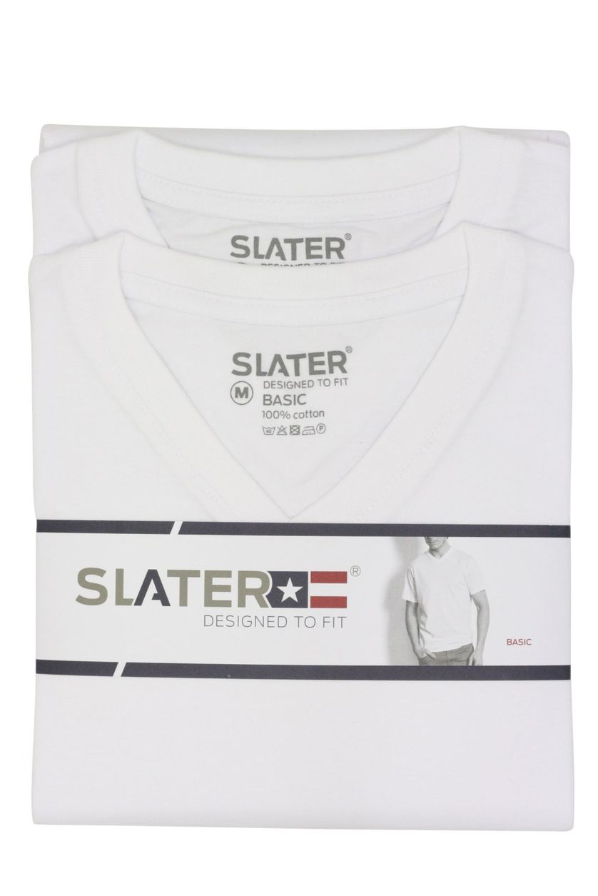 Slater t-shirt effen katoen wit 2-pack v hals