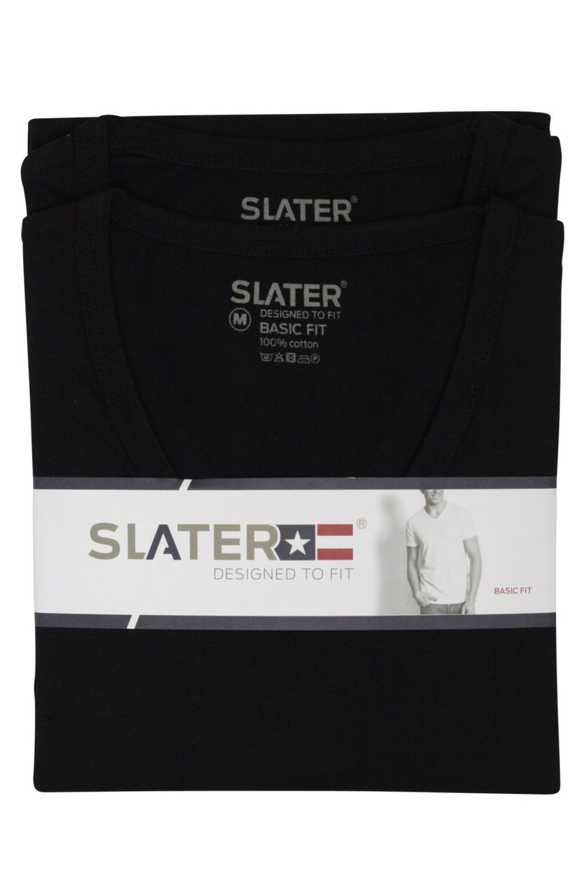 Slater t-shirt effen katoen zwart v hals 2-pack
