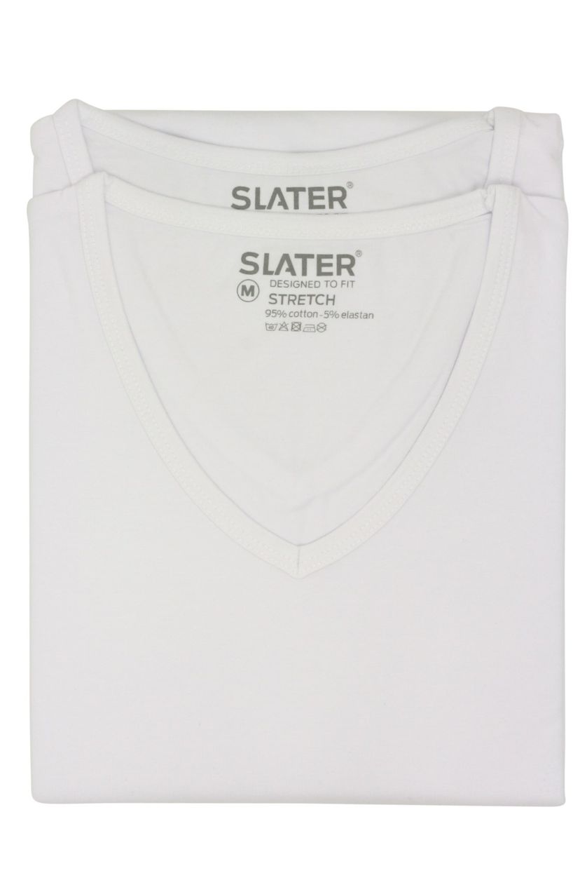 Slater t-shirt effen katoen wit v-hals stretch 2-pack