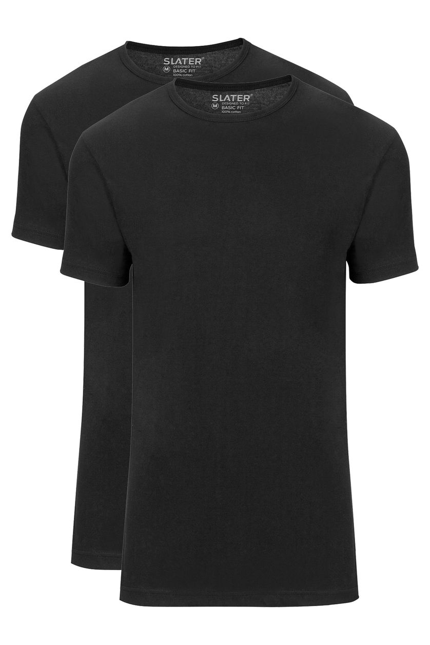 Slater t-shirt effen katoen zwart ronde hals 2-pack